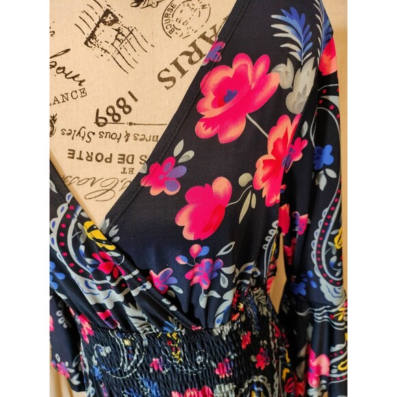 Magic Women's Navy Floral Maxi Dress w/Bell Sleeves & Surplice Neckline. Size XL - Picture 2 of 7